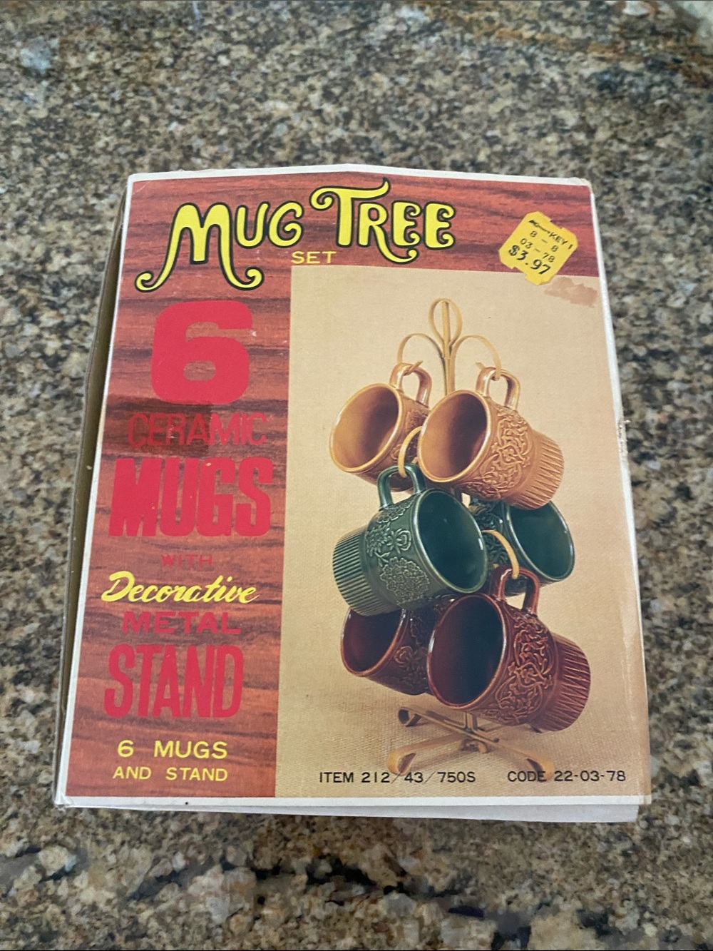 Mug Tree Set - 6 Decorative Ceramic Mugs with Metal Stand